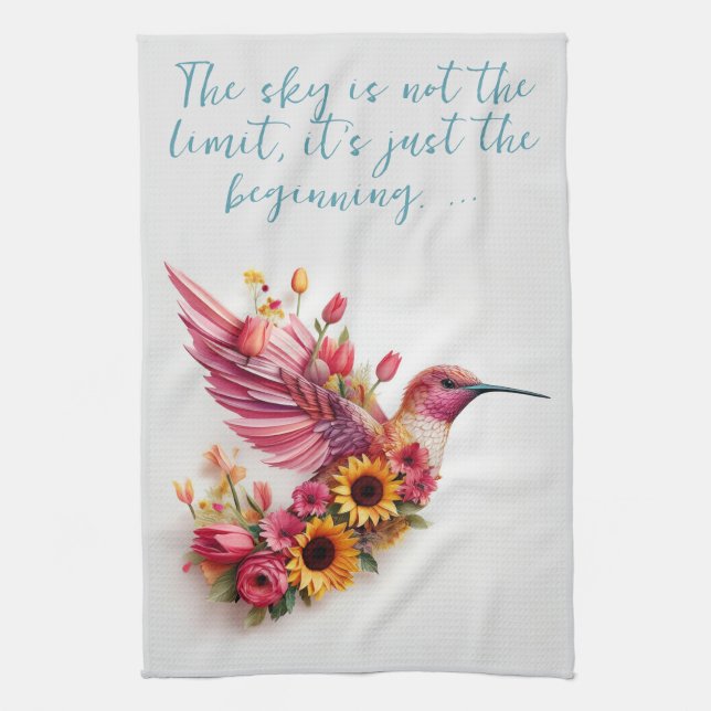 Custom Humming bird flying with flowers Tea Towel (Vertical)