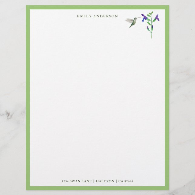 Custom Hummingbird Stationery Paper (Front)