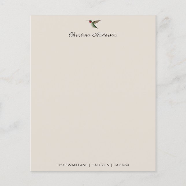 Custom Hummingbird Stationery Paper (Front)