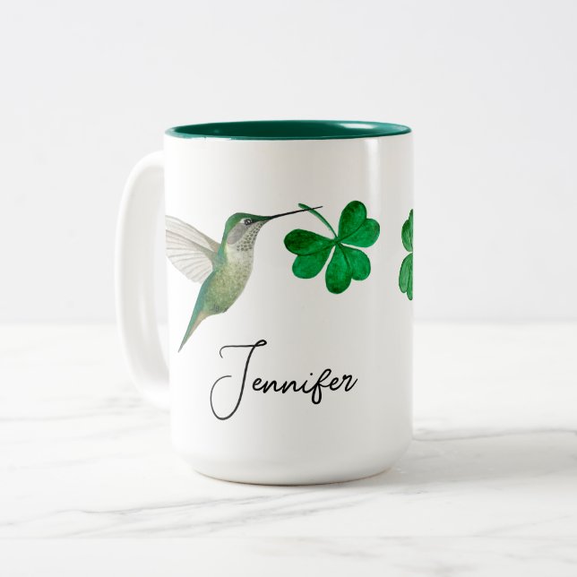 Custom Hummingbirds and Clover  Two-Tone Coffee Mug (Front Left)