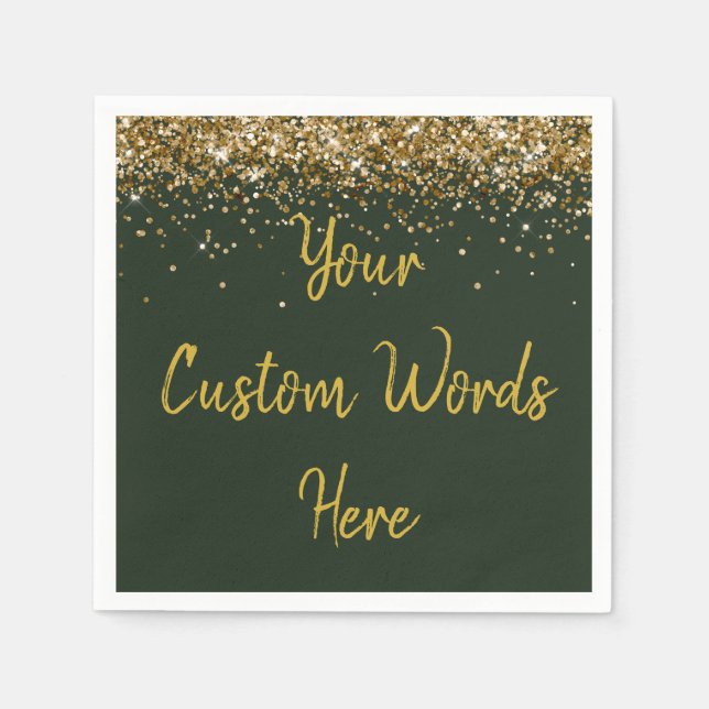 Custom Hunter Green & Gold Glitter Birthday Party Napkin (Front)