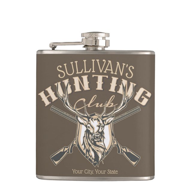 Custom Hunter NAME Deer Trophy Rifle Hunting Club Hip Flask (Front)