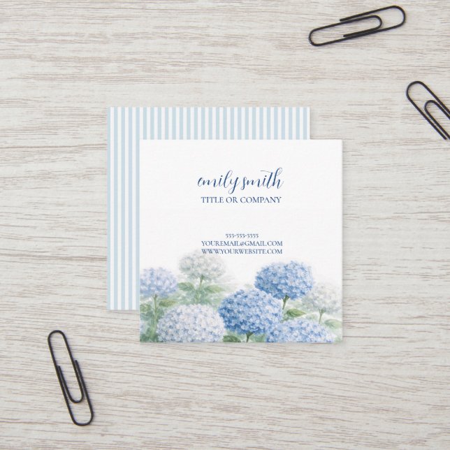 Custom Hydrangea Coastal Blue Stripe Square Business Card (Front/Back In Situ)