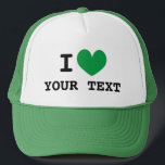 Custom I HEART trucker hat with green love icon<br><div class="desc">Custom I HEART trucker hat with green love icon. Make your own personalised cap with this blank template. Custom colour heart with black typography.</div>