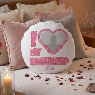 Custom I Love My Boyfriend – Add Photo & Name Round Cushion