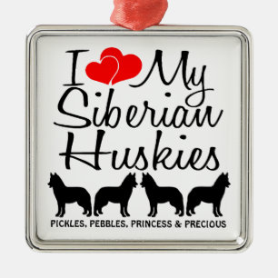 Custom I Love My Four Siberian Huskies Metal Ornament