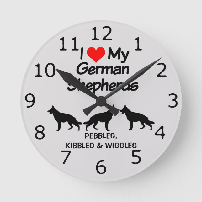 CUSTOM I Love My Three German Shepherd Dogs Round Clock (Front)