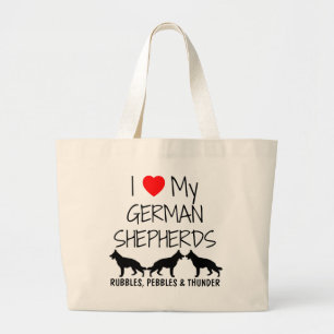 Custom I Love My Three German Shepherds Large Tote Bag