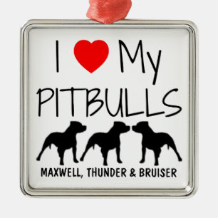Custom I Love My Three Pitbulls Metal Ornament