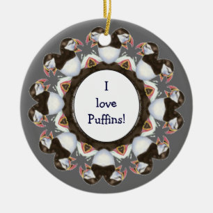 Custom "I love Puffins", Cute Watercolor Bird Ceramic Tree Decoration