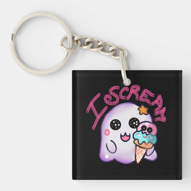 Custom "I Scream" Ghost with Ice Cream Cone Art Key Ring (Front)