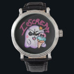 Custom "I Scream" Ghost with Ice Cream Cone Art Watch<br><div class="desc">Get ready for a spooky sweet treat with this "I Scream" ghost design! This hand-drawn illustration features an adorable kawaii ghost holding a colorful ice cream cone. With its cute face and pastel colors, this funny visual pun is perfect for kids, ice cream lovers, and fans of the pastel goth...</div>