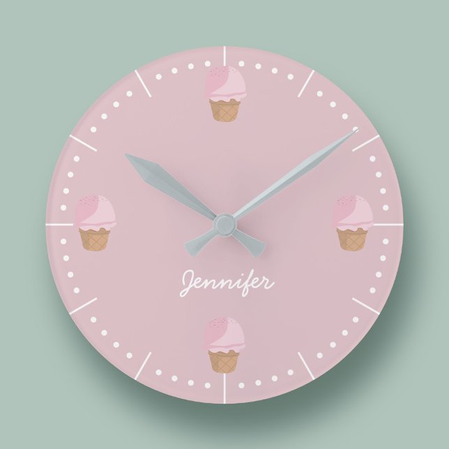 Custom Ice Cream Waffle Cone Modern Pink Kitchen Round Clock (A cute ice cream themed kitchen wall clock with space for your name)