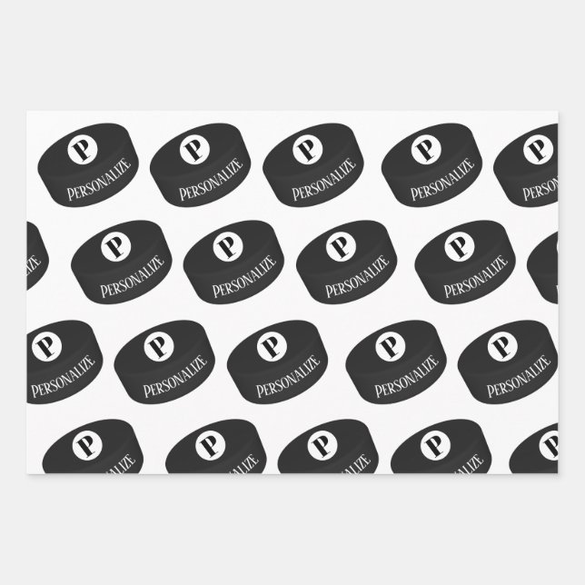 Custom Ice Hockey Name Monogram Puck Wrapping Paper Sheet (Front)