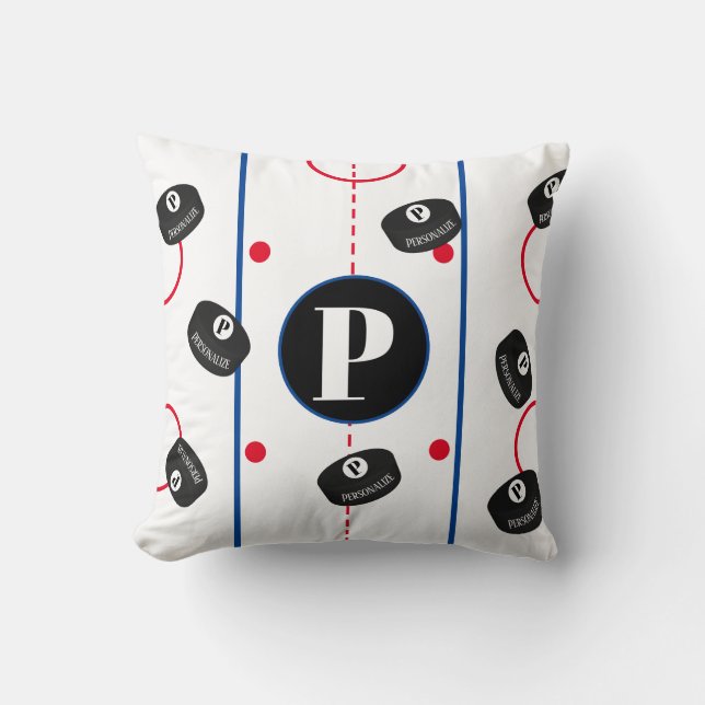 Custom Ice Hockey Puck Rink Name Monogram Cushion (Front)