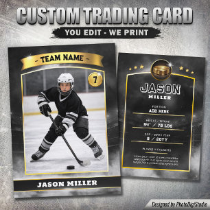 Custom Ice Hockey Trading Card, Black Gold Stadium Calling Card