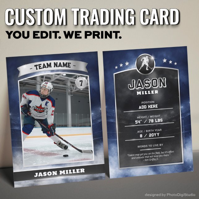 Custom Ice Hockey Trading Card Blue Silver Stadium (Custom Trading Card, Editable Ice Hockey Trading Card, Modern Blue Silver Stadium Design)
