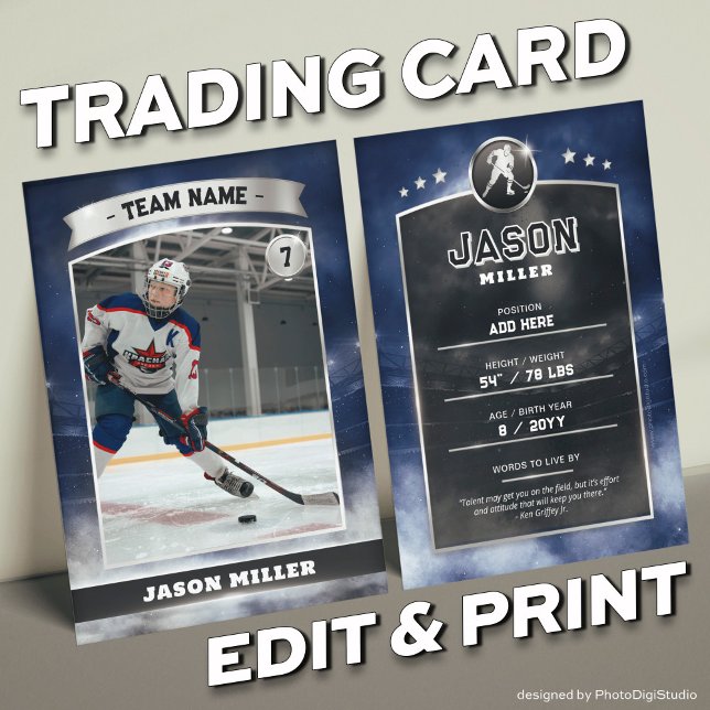 Custom Ice Hockey Trading Card Blue Silver Stadium (Custom Trading Card, Editable Ice Hockey Trading Card, Modern Blue Silver Stadium Design)