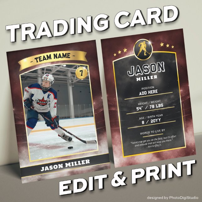 Custom Ice Hockey Trading Card Red Gold Stadium (Custom Trading Card, Editable Ice Hockey Trading Card, Modern Red Gold Stadium Design)