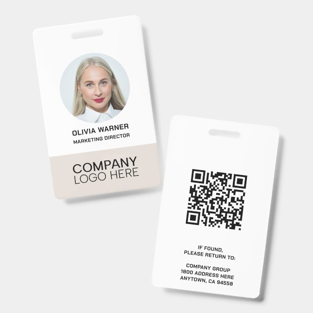 Custom ID Employee Photo QR CODE LOGO BEIGE Badge (Front & Back)