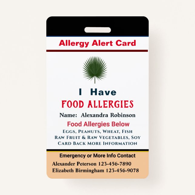 Custom ID Identification Allergies Alert Card ID Badge (Front)