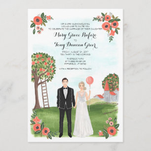 Custom Illustrated Couple Portrait Farm Wedding Invitation