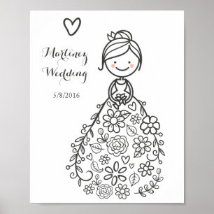 Custom Illustrated Wedding Bride Colouring Page Poster