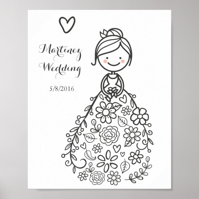Custom Illustrated Wedding Bride Colouring Page Poster (Front)
