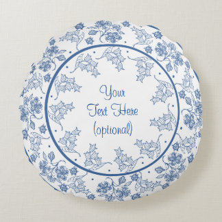 Custom Indigo Blue and White Floral Border Round Cushion