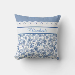 Custom Indigo Blue and White Floral Faux Lace Cushion
