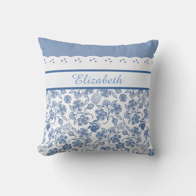 Custom Indigo Blue and White Floral Faux Lace Cushion (Front)
