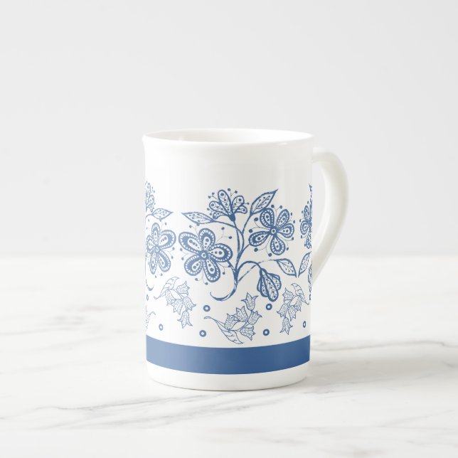 Custom Indigo Blue Floral Border Bone China Mug (Front Right)