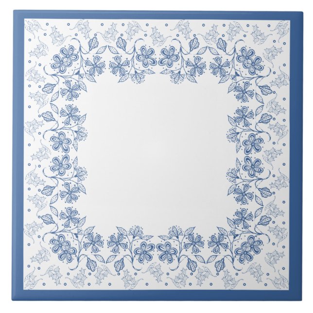 Custom Indigo Blue Floral Border Ceramic Tile (Front)