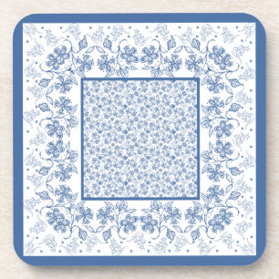 Custom Indigo Blue Floral Border Square Coasters