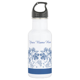 Custom Indigo Blue Floral Border Water Bottle