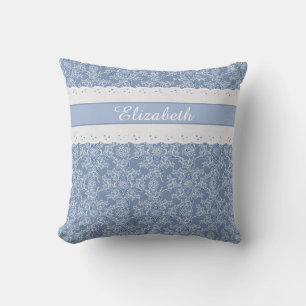Custom Indigo Blue Floral Faux Lace Cushion