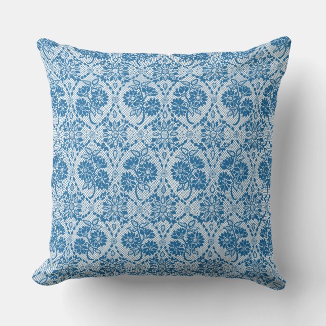 Custom Indigo Blue Floral Faux Lace Pattern Cushion (Front)
