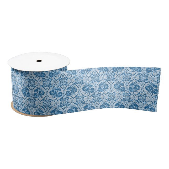 Custom Indigo Blue Floral Faux Lace Pattern Satin Ribbon (Spool)