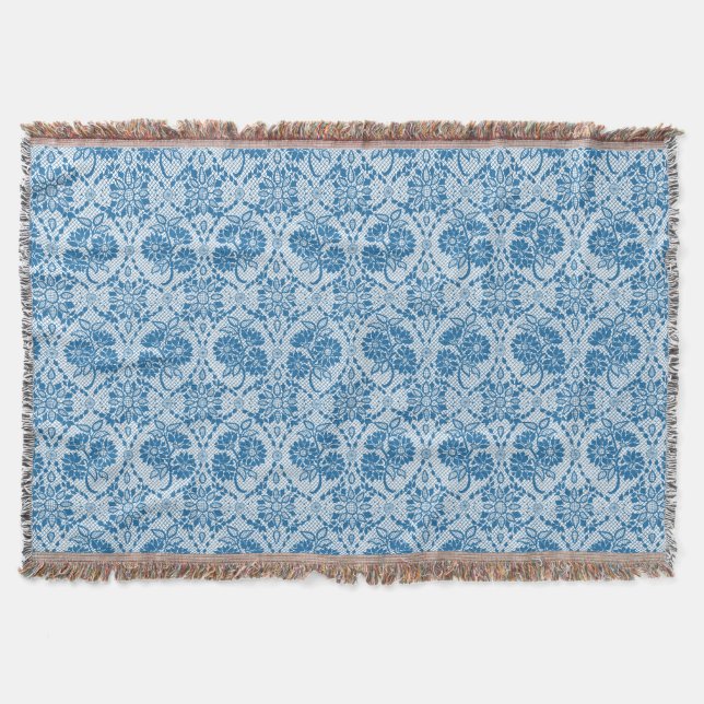 Custom Indigo Blue Floral Faux Lace Pattern Throw Blanket (Front)