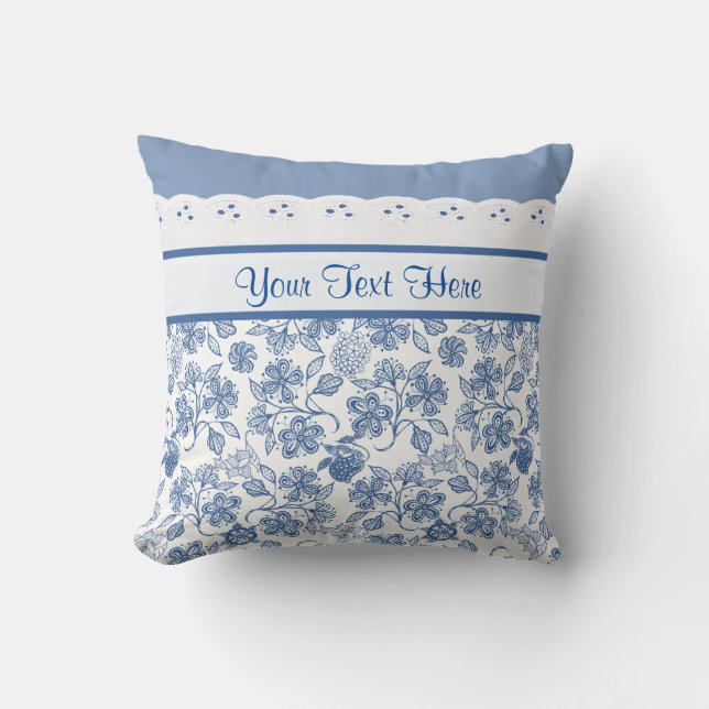 Custom Indigo Blue on White Floral and Faux Lace Cushion (Front)