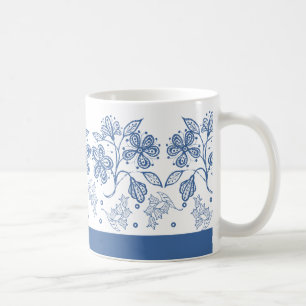 Custom Indigo Blue on White Floral Border Mug