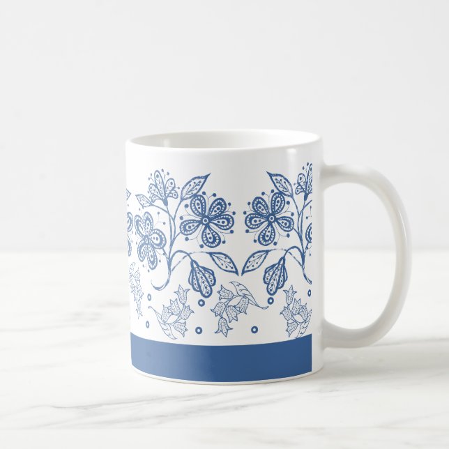 Custom Indigo Blue on White Floral Border Mug (Right)