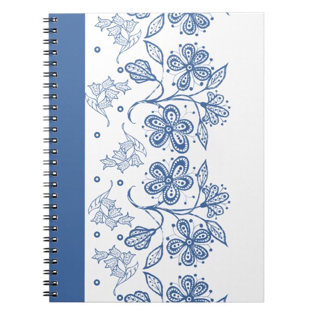 Custom Indigo Blue on White Floral Border Notebook (Front)