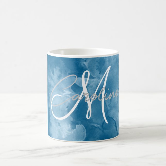Custom Indigo Blue Shibori Abstract Monogram Name  Coffee Mug (Center)