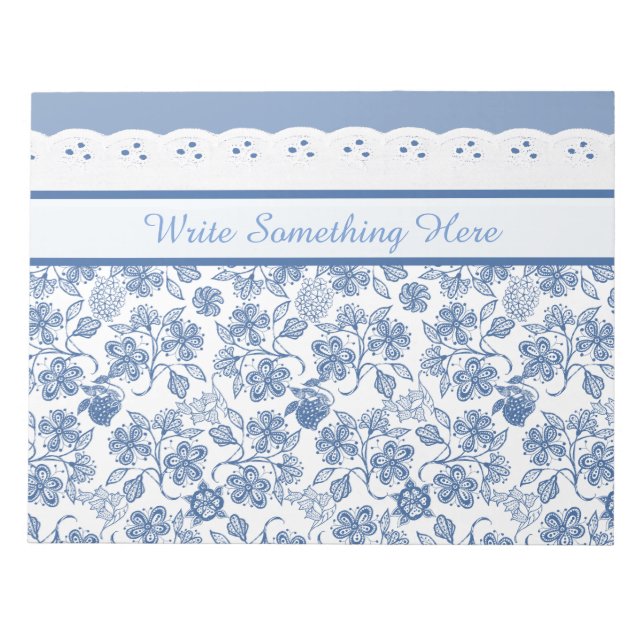 Custom Indigo Floral Faux Lace Notepad or Jotter (Front)