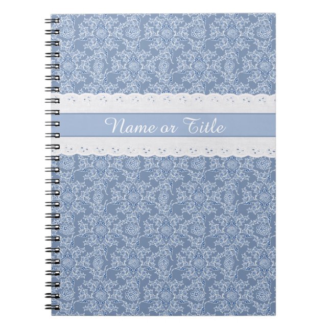 Custom Indigo Floral Faux Lace Spiral Notebook (Front)