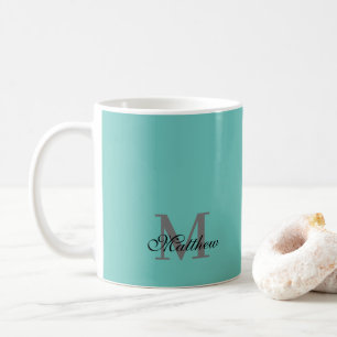 Custom initial and name text teal coffee mug