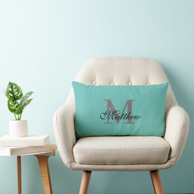 Custom initial and name text teal lumbar cushion (Chair)