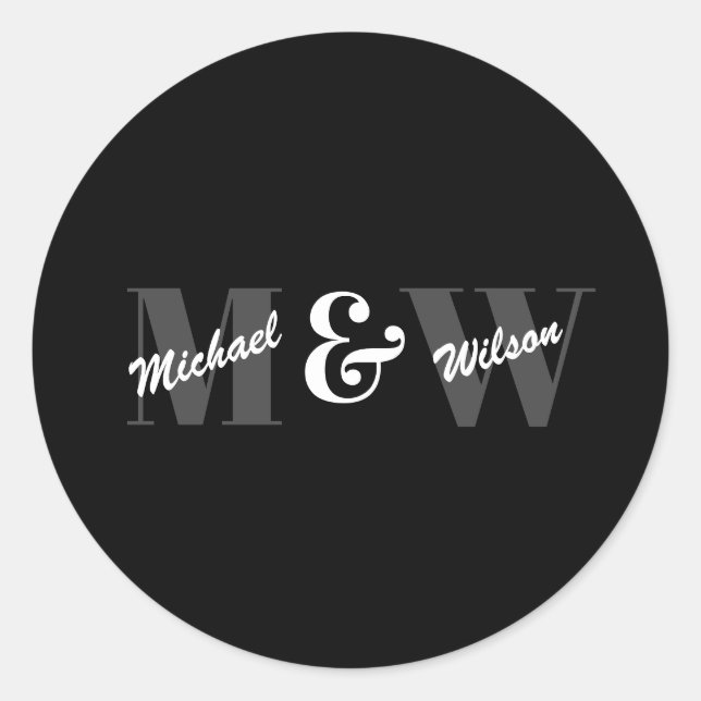 Custom Initial Black and White Monogram Classic Round Sticker (Front)