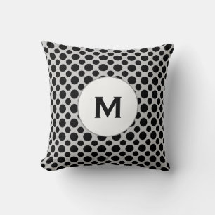 Custom Initial Black Polka Dots on Grey Pillow